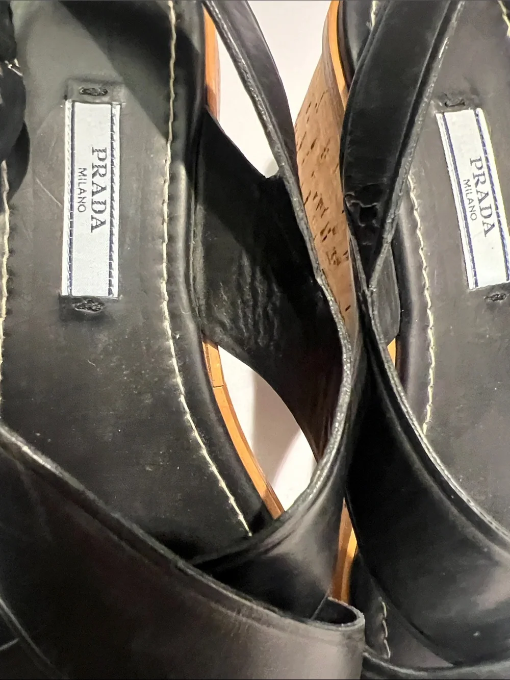 Prada Black Leather Cork Wedge Sandals with Slingback